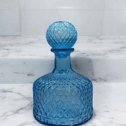 Vintage MCM Light Blue Diamond Pattern W/ Greek Design Glass Decanter 