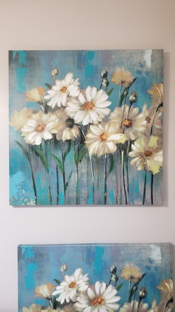 Flowers wall art 39 in x 39 in white flower blue painting for Sale in