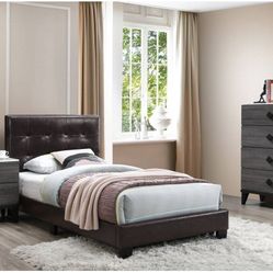 QUEEN BED FRAME MATTRES SOLD SEPARATELY NEW IN BOX BROWN FAUX LEATHER ☎️ 1714586,2564