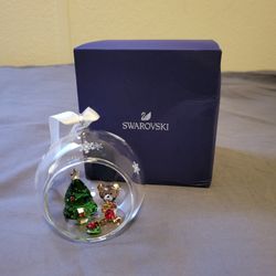 Swarovski Ball Ornament Christmas Teddy Bear And Tree Scene #(contact info removed) NIB