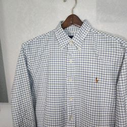 RL Polo Classic Fit Men's Large Long Sleeve Oxford Dress Shirt White Blue Checkered Plaid