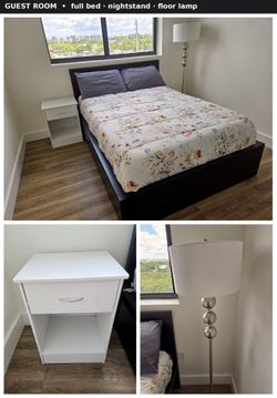 Guest Bedroom Set — Full Bed + Mattress, Nightstand, Floor Lamp