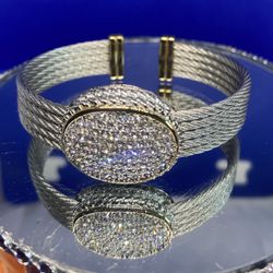 DSMK Stainless Steel Sparkling Clear Rhinestone Rope Cuff Bracelet Two Tones 