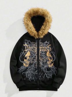 Black Skull Graphic Zip-Up Hoodie Fur Hood