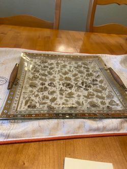 MCM vintage signed: Georges Briard 12 inch glass tray. 22 k gold floral leaf motif & wood handles.