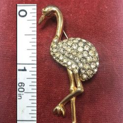 Vintage Brooch Pin Gold Tone Flamingo, Ostrich w/ Faux Diamonds