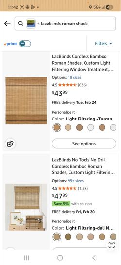 Laz Blinds Cordless Bamboo Roman Shades 