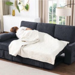 91"W Dark Gray Chenille Fabric Reversible Sleeper Sectional with Storage Chaise, Drop-Down Table, Cup Holders and Charging Ports