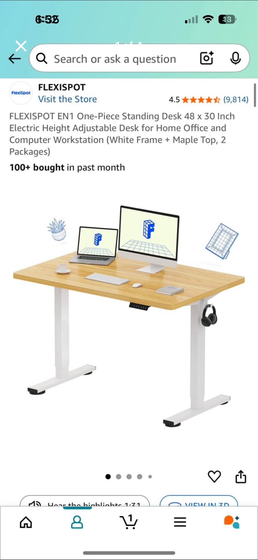 FLEXISPOT EN1 Whole-Piece Standing Desk, 48 x 24 Inches Height Adjustable Desk Stand up Desk Home Office Table for Computer Laptop (White Frame + Mapl