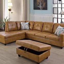 Caramel Leather Sectional Couch