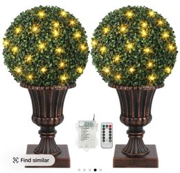 2x 16" Artificial Plant Topiary Ball, Pre-Lit Artificial Topiary Plant with Lights, Timer and Remote Control, Artificial Outdoor Porch Trees with Red 