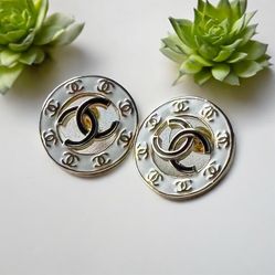 Chanel Round Gold With white Enamel Double C Cut Out Post Earrings 