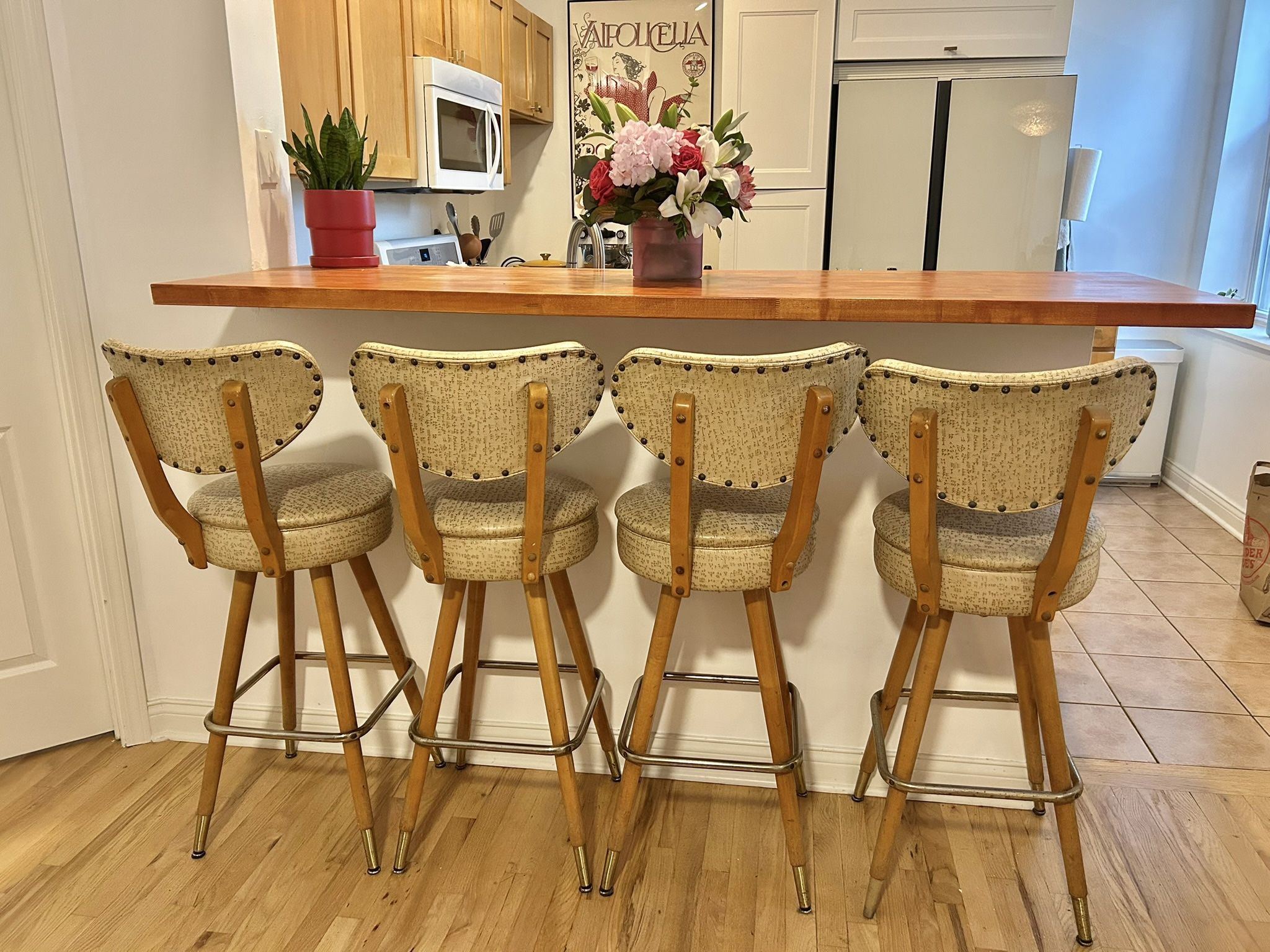 Authentic 50s MCM Wood & Vinyl Bar Stools Counter Chairs Set of 5