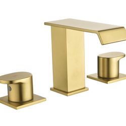 Widespread Waterfall Bathroom Faucet 3 Hole, 8 Inch Bathroom Sink Faucets, 2-Handle Brushed Gold Basin Faucet Mixer Taps with Vanity cUPC Supply Line 