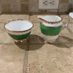 Cutest Vintage Sutherland Fine Bone China Sugar Dish And Creamer Set- Green With Gold Accents