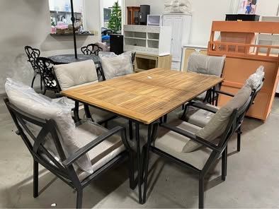 Assembled New 7 Piece Patio Dining Sets Acacia Wood Outdoor Table w/ Metal Chairs Cushioned