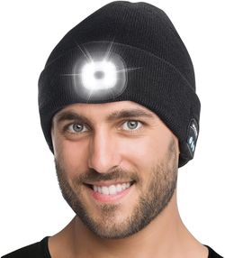 Unisex Bluetooth Beanie Hat with rechargeable LED Light, Built-in Speaker and Mic, Headlamp Cap with Headphones, Tech Gift for Men Women