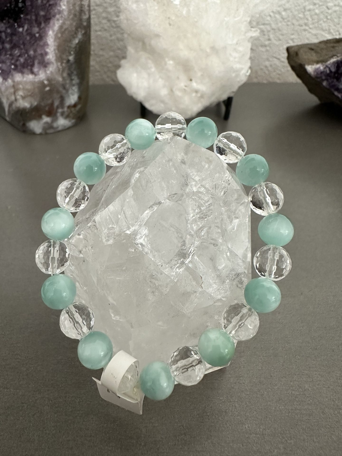 New, Beautiful Green Moonstone And Faceted Clear Quartz Crystal Bracelet.