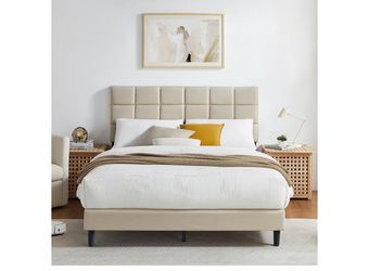 New Queen size beige fabric platform bed frame