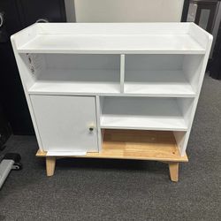 Color Patching Storage Cabinet with Solid Wood Base & Shelves