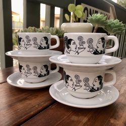 Set Of Four Art Deco Style Demitasse Espresso Cups And Saucers Brazil