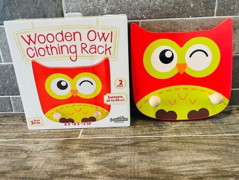 Wooden Owl Clothing Rack 2 Pegs 30lbs Nursery Room Animal Theme Decoration