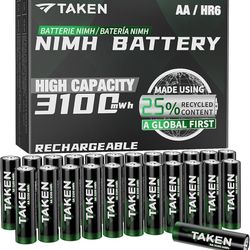 Taken Rechargeable AA Batteries 3100mWh 24-Pack NiMH High Capacity, Double A Batteries Made Using 25% Recycled Content, Recharge up to 2000x Times, Pr