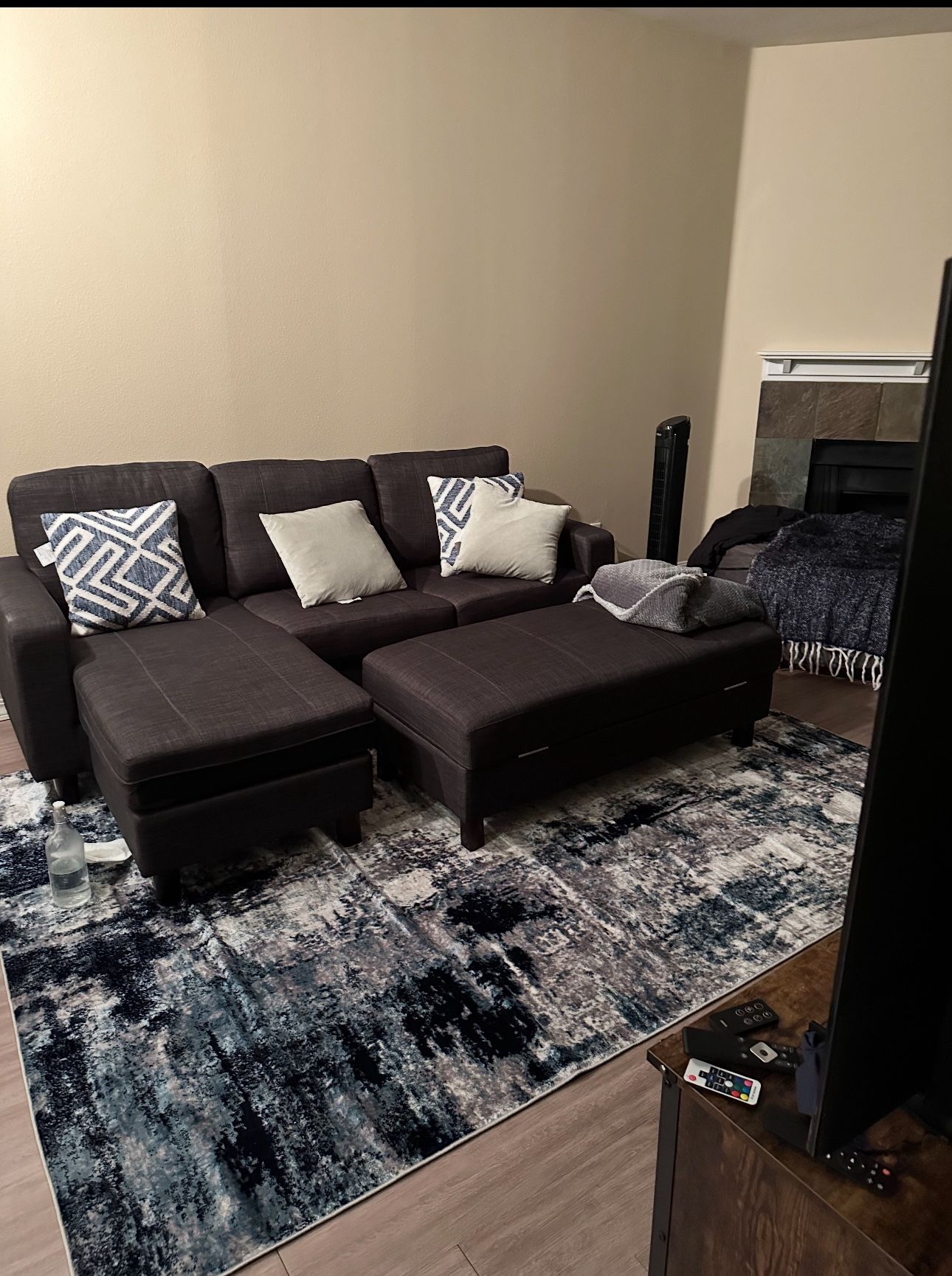 Dark Grey Sectional Couch + Storage Box + Rug