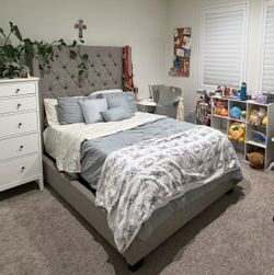 Gray Upholstered Bed Frame with Tufted Headboard