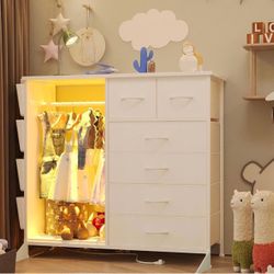 New 6 Drawer Dresser for Bedroom with Clothes Rack, Clothes Dresser with Side Pockets and Hooks, Charging Station & LED Lights