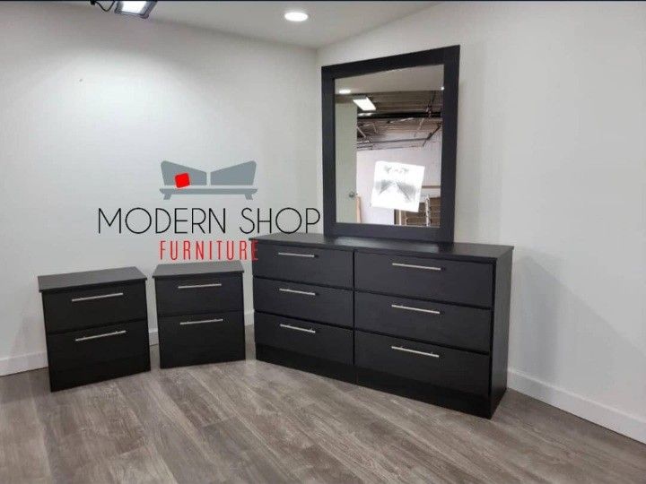 DRESSER WITH MIRROR AND TWO NIGHTSTANDS