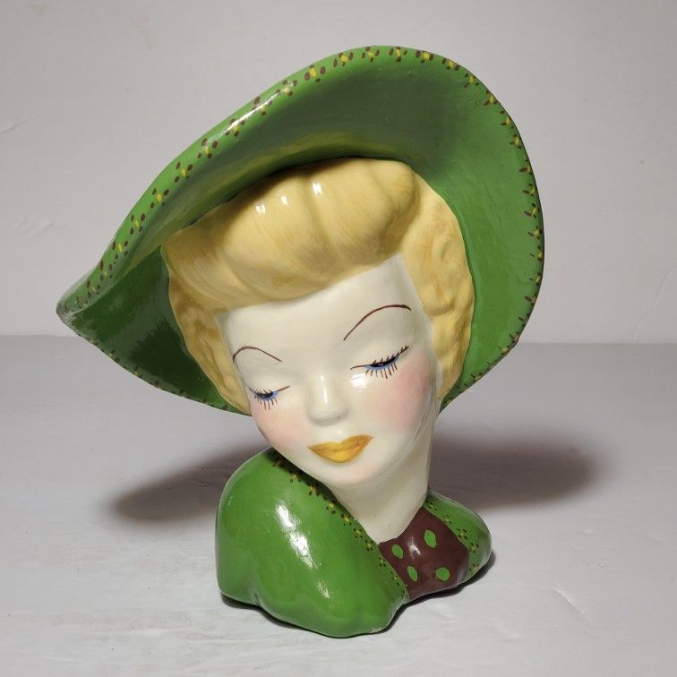 Lady Head Vase Planter Green Hat