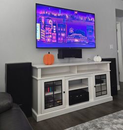 White TV Stand for 75/65 Inch TVs, 32'' Tall Mid Century Modern TV Cabinet with Adjustable Shelves and Glass Doors, Modern Entertainment Center