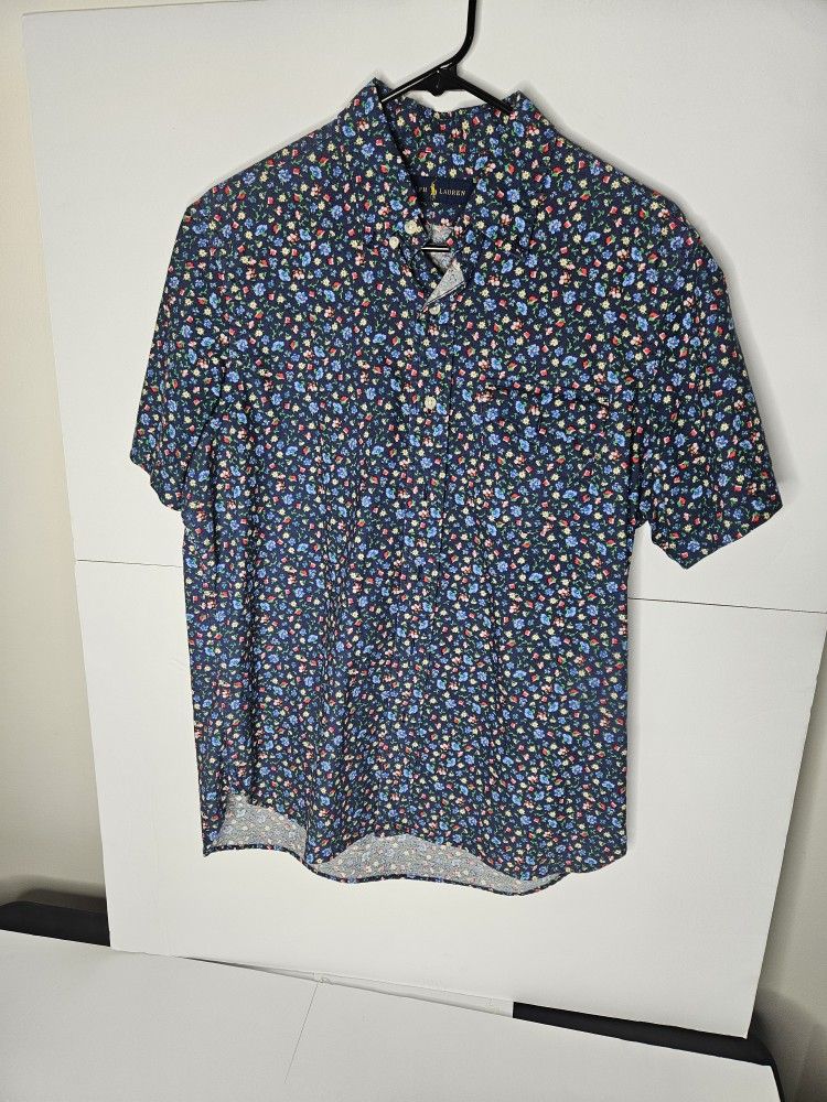 Ralph Lauren Shirt Men Medium Blue Button Down Floral Short Sleeve Cotton Casual