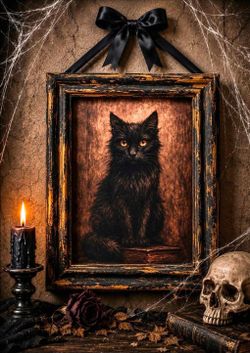 Black Cat Portrait in Distressed Wood Frame