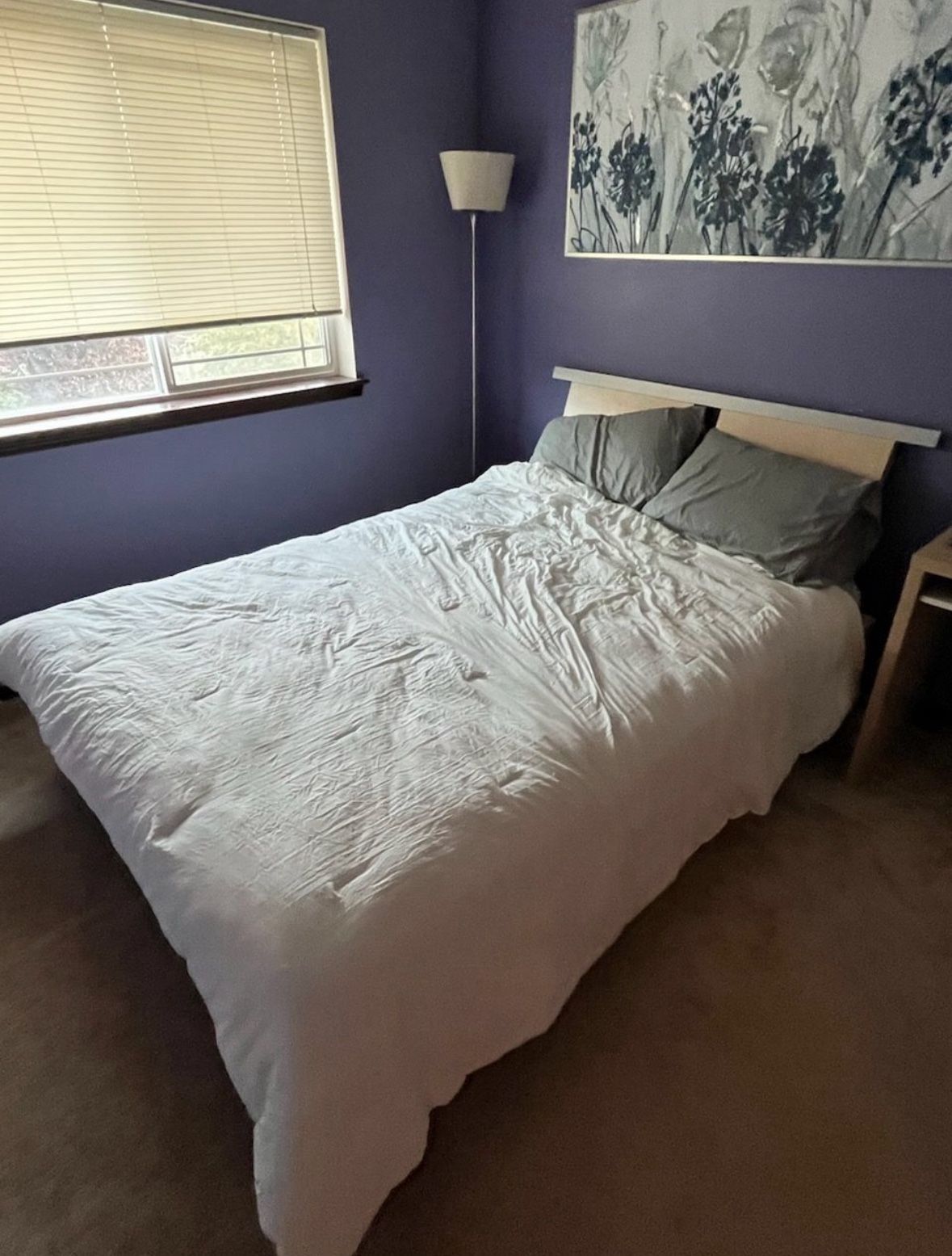Queen bed with mattress and desk