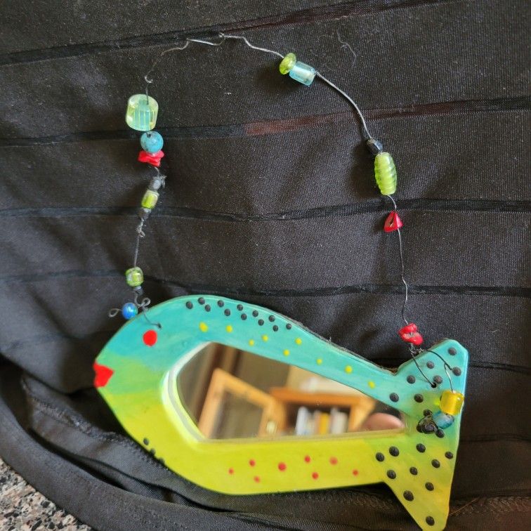 Handmade Pottery Glazed Fish Mirror With Beaded Wire Hanger 6"x3"
