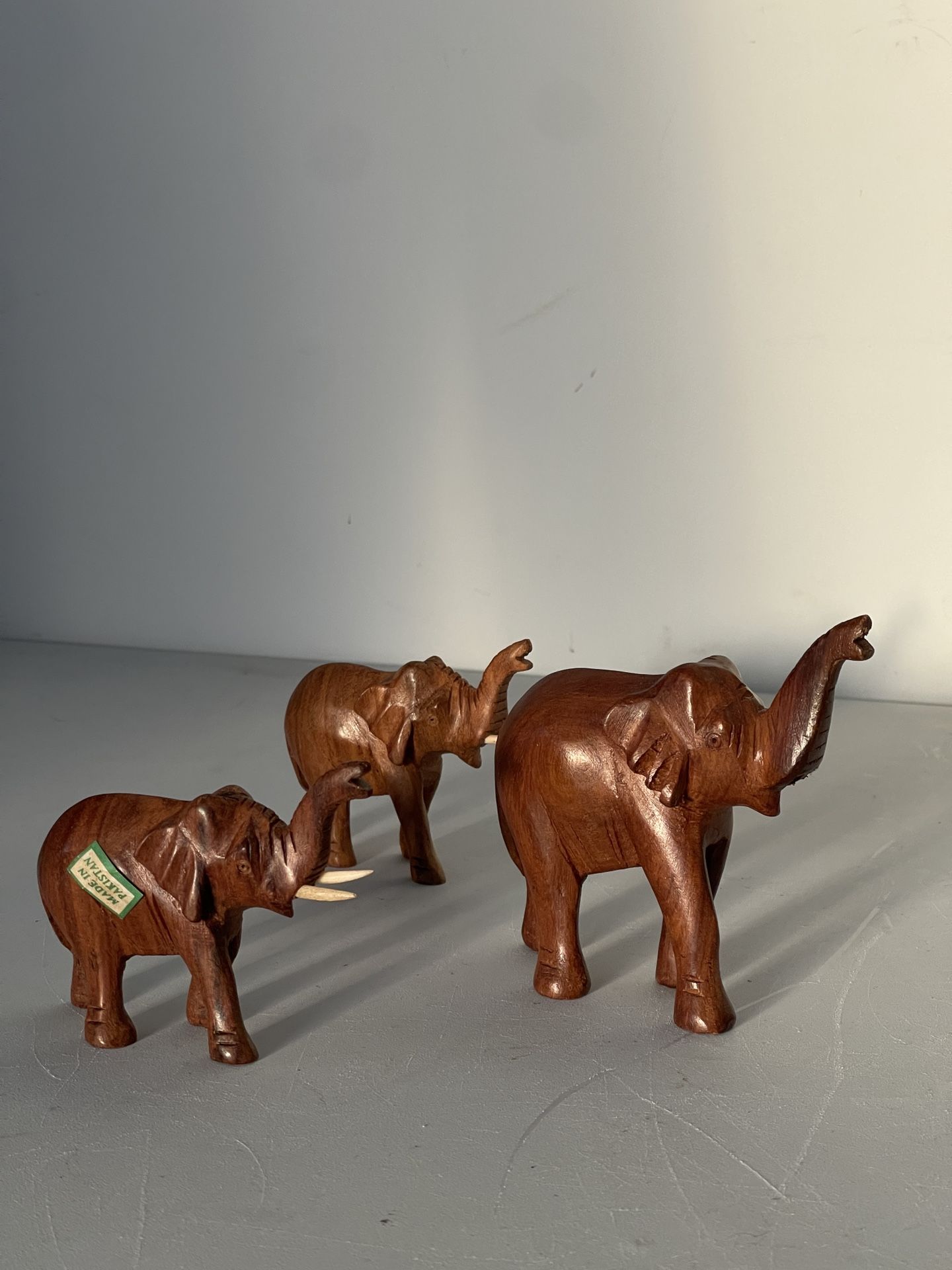 Lot of 3 Vintage Carved Wood Elephants, Trunk Up pakistan Elephant Figurines