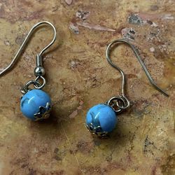 Faux Turquoise EARRINGS Tiny Round Bead Pierced Hook Dangle Drop 1.25"