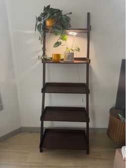 Leaning bookshelf, bookcase, brown shelves, plant shelves