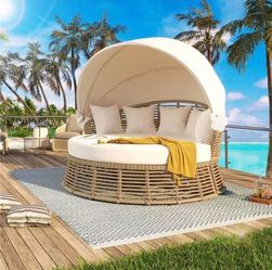 Outdoor Patio Rattan Round Daybed with Retractable Canopy, Wicker Furniture Round Poolside Sofa Sunbed with Removable Cushions, Backyard, Porch, Beige