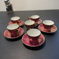 Arnart Imports Japan Vintage 1960s Raspberry Gold Trim 5 Cups 6 Saucers