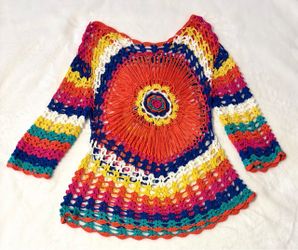 Vibrant Boho Rainbow Crochet Cover Up Tunic Mandala Knit Festival Top S/M