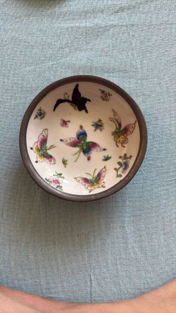 Japanese Ceramic W Pewter Butterfly Bowl