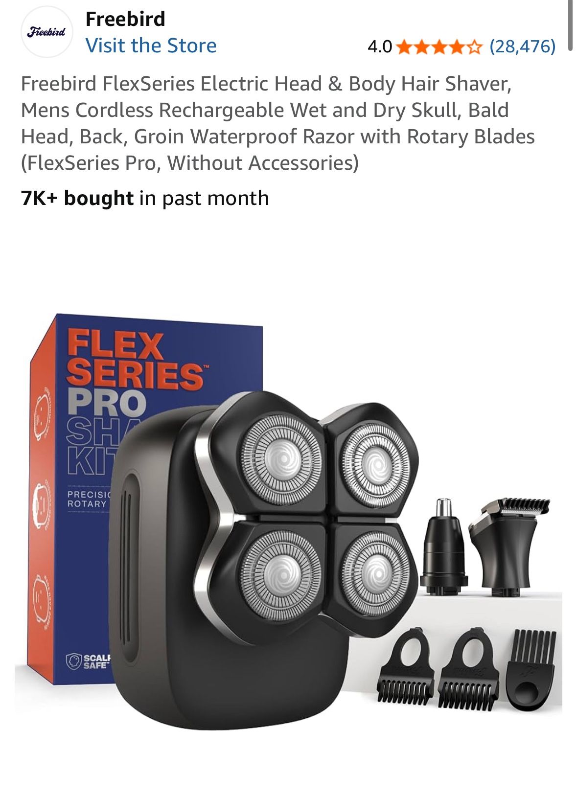 Freebird FlexSeries Electric Head & Body Hair Shaver, Mens Cordless Rechargeable Wet and Dry Skull, Bald Head, Back, Groin Waterproof Razor with Rotar