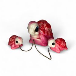 Vintage Mid Century Japan Hot Pink Turtle Chain Family Figurines