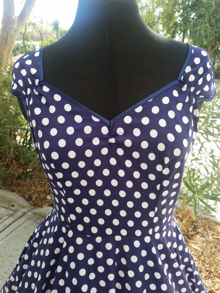 Pin Up Inspired Navy Blue with White Polk a Dots Swing Dress