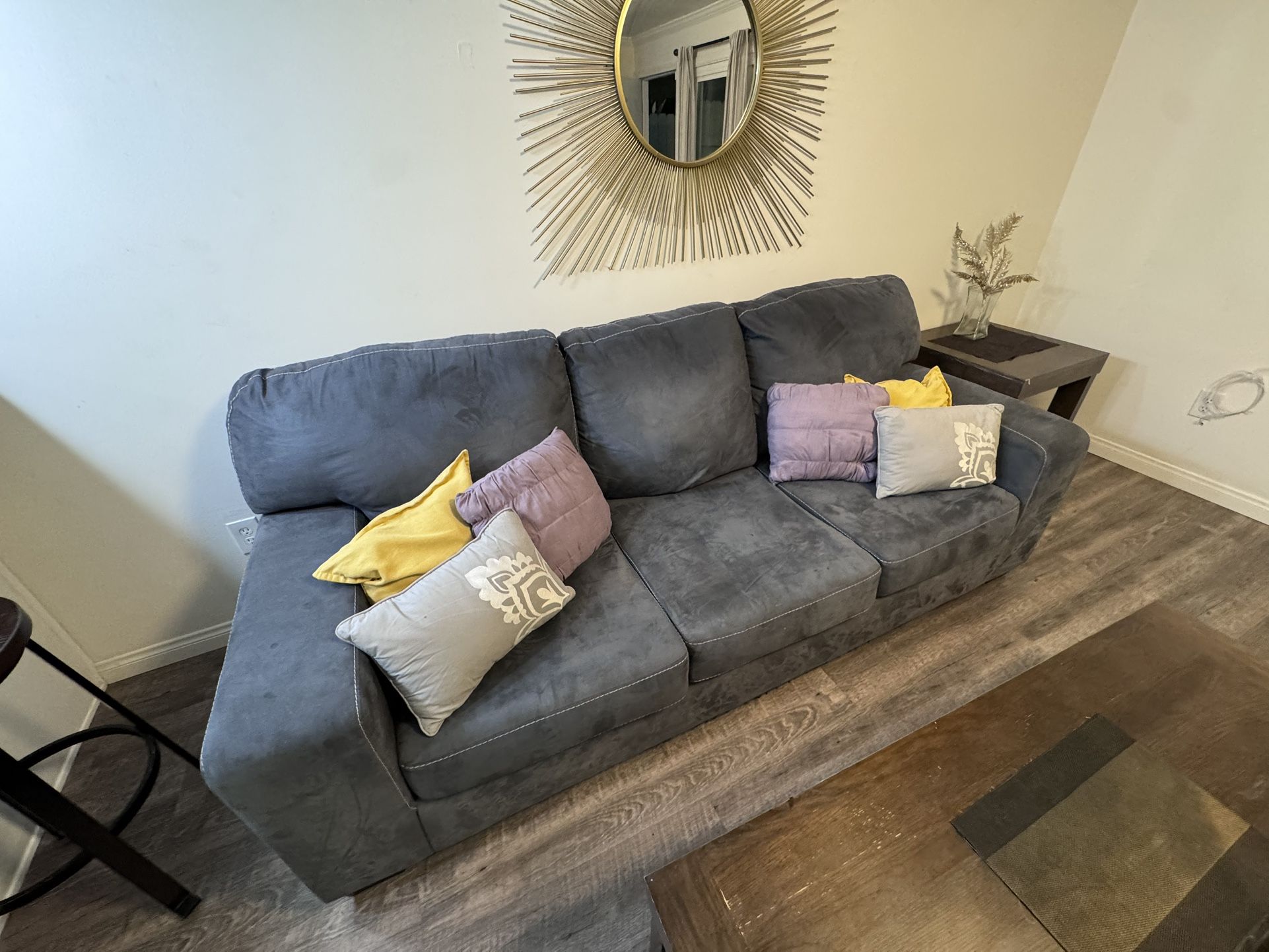 8 foot gray blue microfiber sofa