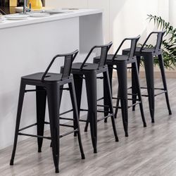 30'' Industrial Metal Bar Stools with Low Back Set of 4, Matte Black Bar Height Stools for Kitchen Island, Farmhouse, Cafe, Modern Bar Chairs for Indo