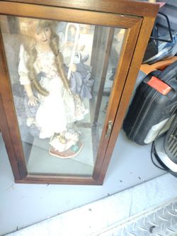 Porcelain Doll in Wood and Glass Display Case